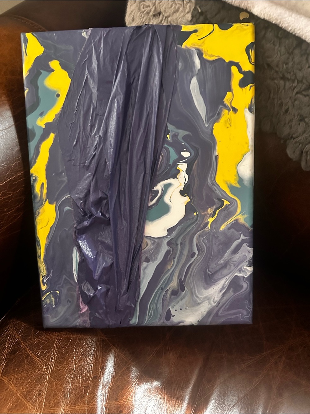 Hand crafted Abstract Pour Painting Canvas in Purple, Yellow, Teal, White - Picture 8 of 8